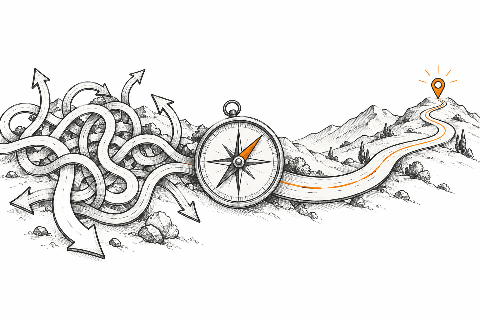 Pencil illustration of tangled business routes becoming one clear direction
